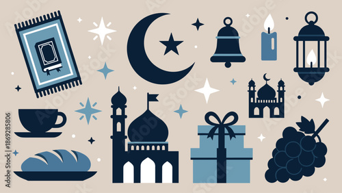 A collection of Islamic cultural and religious symbols and festive elements for celebration in a flat design style.