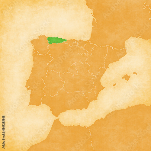 Ocher map of Iberian Peninsula - Asturias