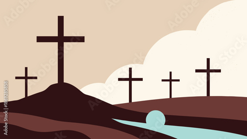 An illustration of multiple dark crosses standing on rolling hills under a cloudy sky, with a blue river flowing in the foreground.