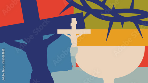 A vibrant graphic illustration featuring multiple Christian symbols including crucifixes, a crown of thorns, and a chalice against a colorful mosaic background.