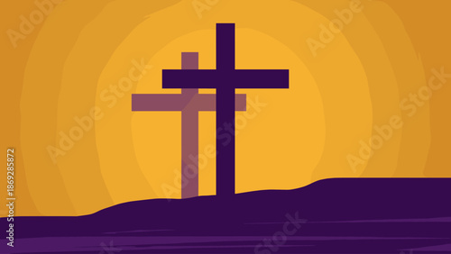 A minimalist illustration of two crosses silhouetted against a vibrant orange and yellow sunset, symbolizing faith and sacrifice.