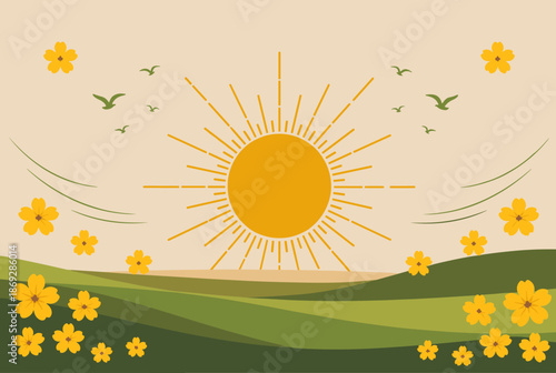 Stylized illustration of a vibrant sunrise over green rolling hills with yellow flowers and flying birds.