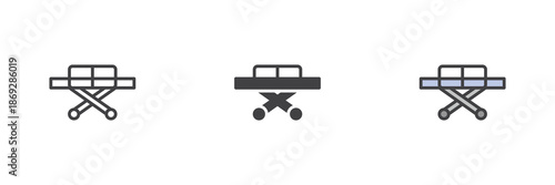 Patient stretcher with wheels emergency icon set. Line and solid icon, outline vector sign and symbol with editable stroke for rescue icon use.