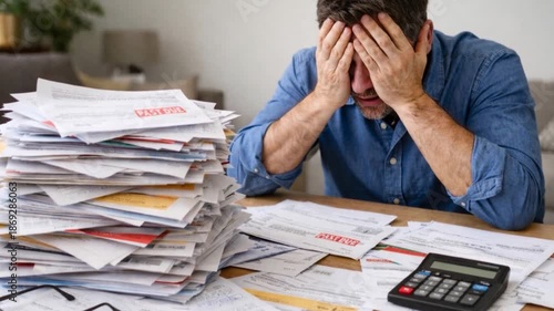 Stressed man feels panic about financial problem checking bills. 
