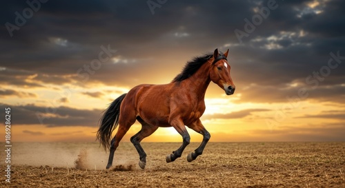 Powerful Horse Galloping at Full Speed Through an Open Field with Dynamic Motion