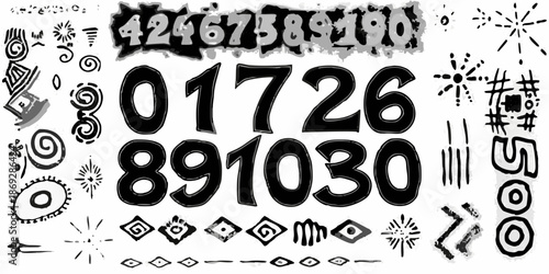 A chaotic collection of black numbers and abstract graphic elements