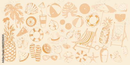 A collection of summer themed illustrations in a warm monochromatic tone