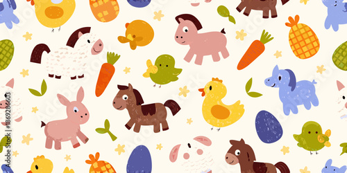 A charming pattern featuring colorful farm animals fruits and vegetables