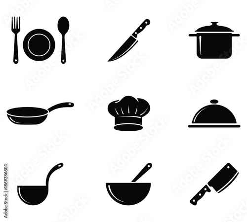 Cooking icon set. Contain chef hat,  Food tray, Pot, Frying pan, Plate, Knife, Spoon. Vector illustration