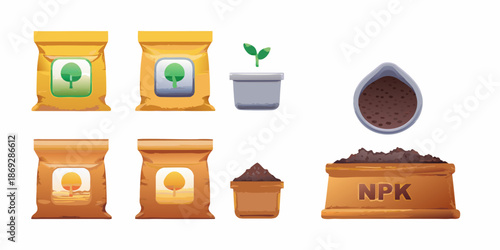Fertilizer bags seedling potting mix and npk illustration for gardening concepts