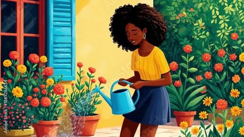 African woman watering plants in a colorful garden with blooming flowers on a summer day.