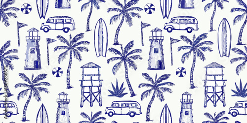 Blue and white seamless pattern with surfboards palm trees and coastal elements