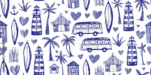 Nautical themed pattern with lighthouses surfboards and vintage camper vans
