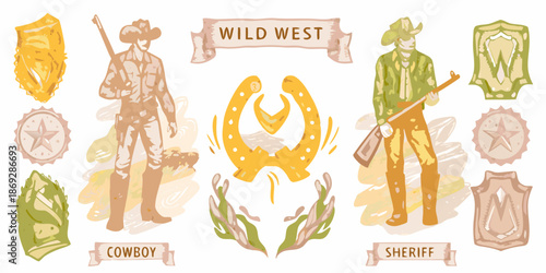 Illustrative wild west elements cowboy sheriff badges and western symbols