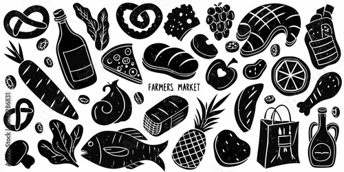 A charming black and white illustration of fresh market produce and baked goods