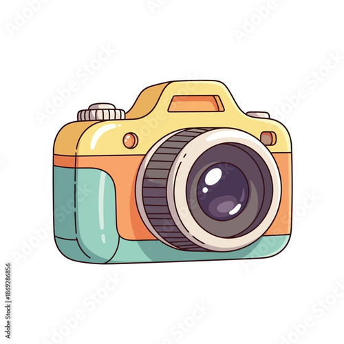 The illustration shows a colorful vintage camera on a white background.