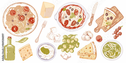 A colorful arrangement of mediterranean food items including pizza and olives