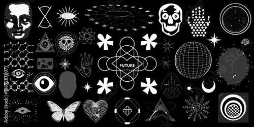 Abstract collage of surreal symbols faces and futuristic elements in grayscale