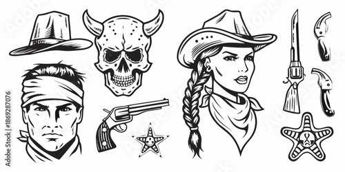 Vintage west collection skulls cowboys bandits and sheriff badges illustrations