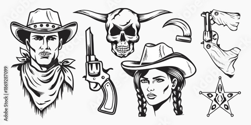 Vintage western elements cowboy skull guns and sheriff badge illustration