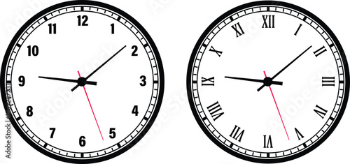 Analog wall clock icon set. Classic round timepiece symbols for schedule and deadline management. Watch face designs for office and home decor vector illustration isolated on transparent background.