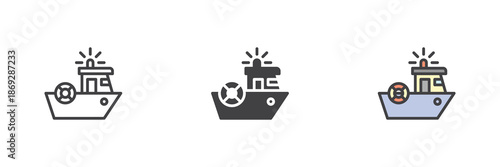 Coast guard rescue ship icon set. Line and solid icon, outline vector sign and symbol with editable stroke for maritime emergency icon.