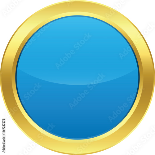 Isolated glossy blue circle pin with golden border. Template on transparent background.