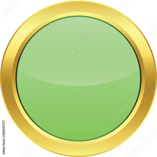 Illustration of a glossy green circle badge with golden border. Template on transparent background.