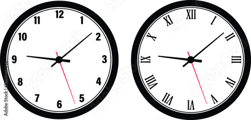 Analog wall clock icon set. Classic round timepiece symbols for schedule and deadline management. Watch face designs for office and home decor vector illustration isolated on transparent background.