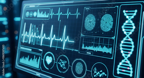 Futuristic digital dashboard displaying biometric data, DNA stru