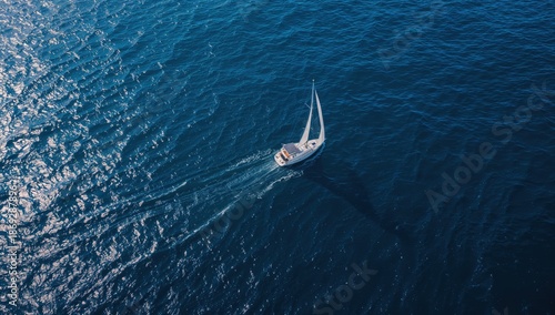 High angle shot of a boat leaving a white wake as it navigates the dark blue water.