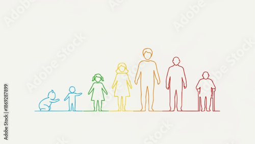 Human life cycle stages depicted as colorful line art figures.