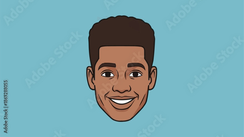 Illustration of a smiling young mans face with brown skin and curly hair.