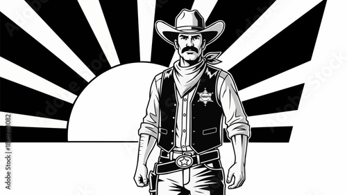 Illustration of a stern cowboy sheriff standing confidently.