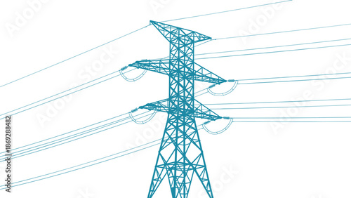 Electric transmission tower close up, teal high voltage power lines, energy infrastructure vector illustration design