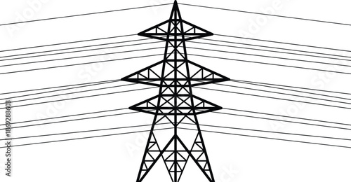 Electric transmission tower silhouette illustration, high voltage power lines pylon for energy grid infrastructure black vector design
