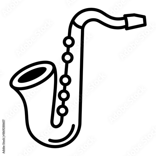 Saxophone instrument symbol, representing jazz music, creativity, performance, and expressive sound, depicted as a curved saxophone with keys in minimalist outline style.