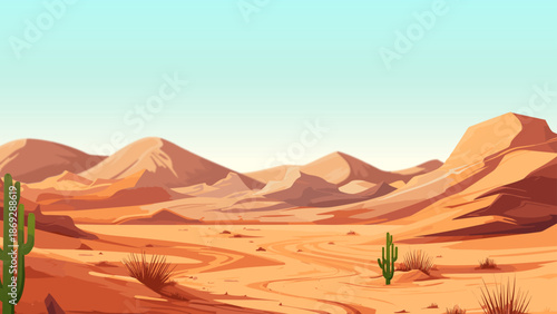 Cartoon Style Arid Canyon Background with Mountains and Clear Sky