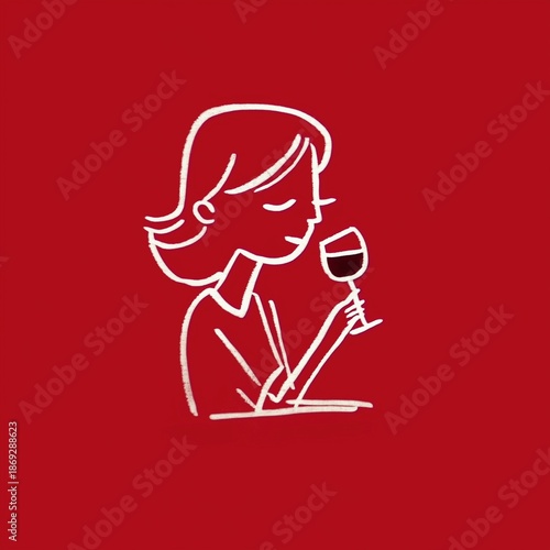 Minimal Line Art Illustration of Woman Holding Wine Glass on Red Background