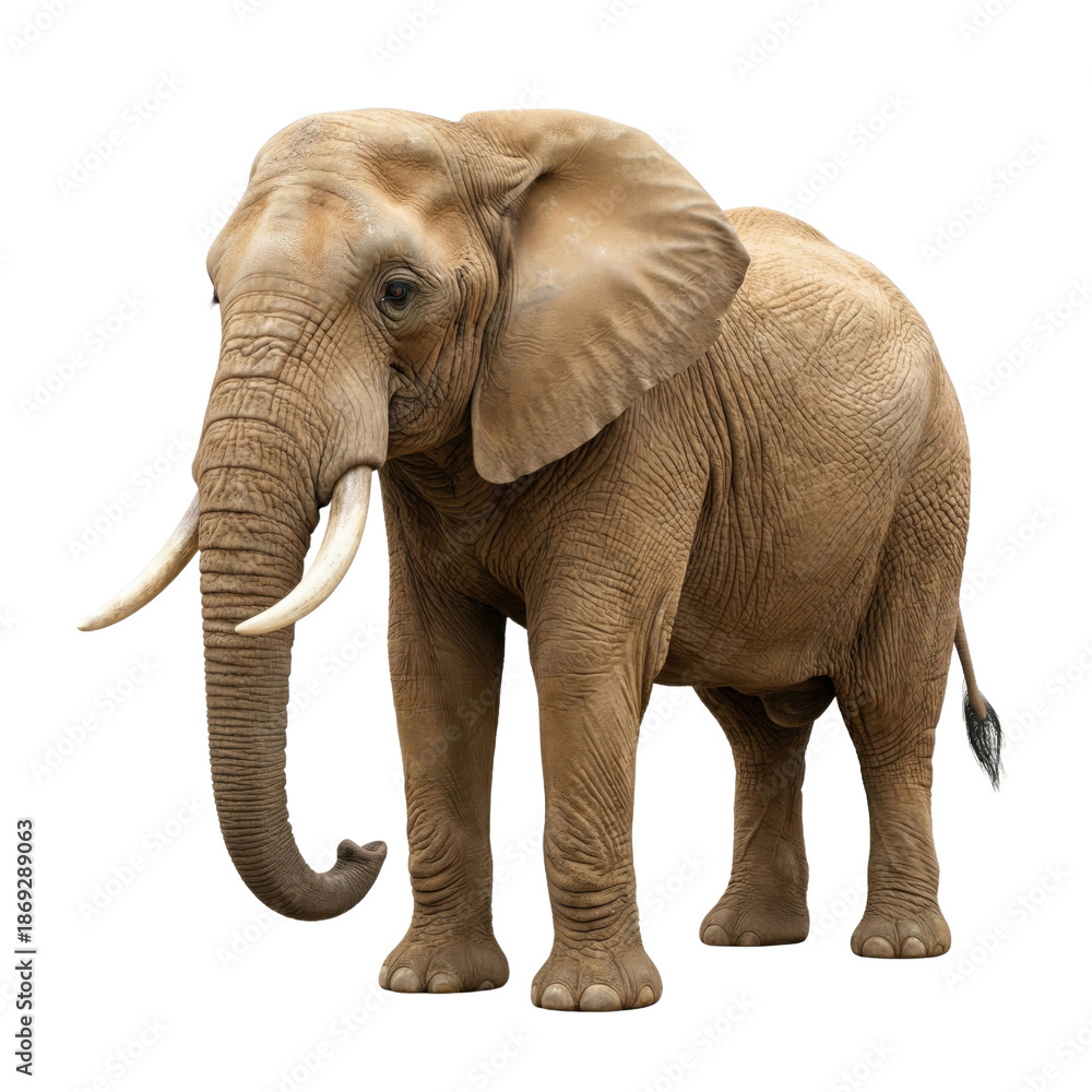 Fototapeta premium Realistic African elephant full body cutout with wrinkled gray-brown skin, side view, Isolated on transparent background, png