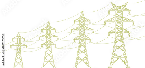 Electric transmission towers line illustration, olive outline high voltage power lines, energy grid infrastructure vector