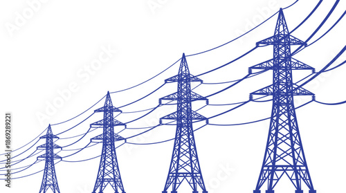 Electric transmission towers perspective, blue high voltage power lines, energy grid infrastructure vector illustration