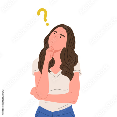Confused people thinking and asking questions. Flat vector illustration of men and women with question marks, showing doubt, problem solving, decision making, curiosity, brainstorming