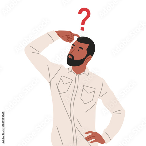 Confused people thinking and asking questions. Flat vector illustration of men and women with question marks, showing doubt, problem solving, decision making, curiosity, brainstorming