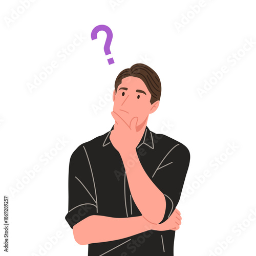 Confused people thinking and asking questions. Flat vector illustration of men and women with question marks, showing doubt, problem solving, decision making, curiosity, brainstorming