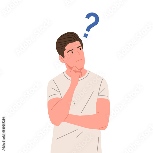Confused people thinking and asking questions. Flat vector illustration of men and women with question marks, showing doubt, problem solving, decision making, curiosity, brainstorming
