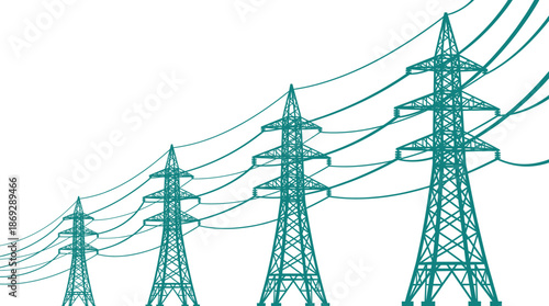 Electric transmission towers perspective, teal high voltage power lines, energy grid infrastructure vector illustration