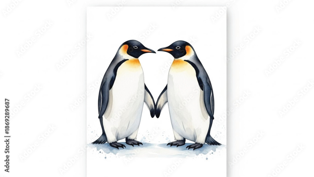 Fototapeta premium Watercolor Penguin Couple Love Illustration Isolated on White Background, Valentine’s Day