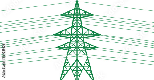 Green electric transmission tower illustration, high voltage power lines pylon for energy grid infrastructure eco vector design