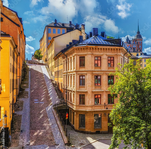 Photography steep paved street in Södermalm in Stockholm, Sweden